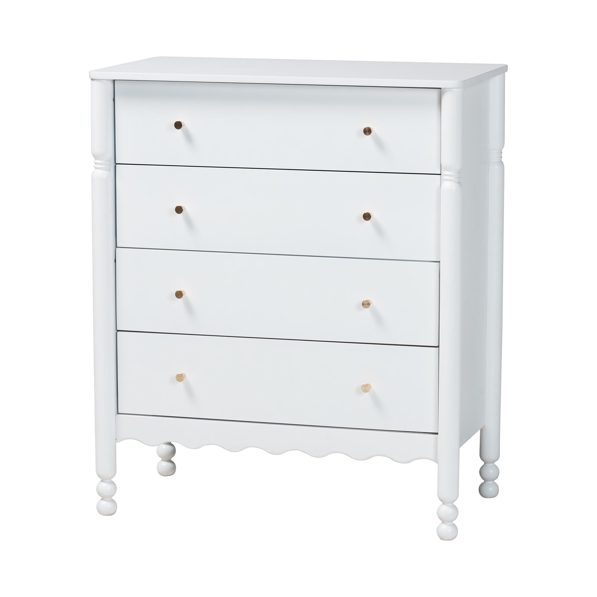 Baxton Studio Hoffman Chest - 4-Drawer Vertical Storage Cabinet with Scalloped Apron and Turned Legs for Bedroom, White
